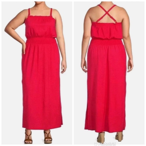 MICHAEL KORS Coral Pink Red‎ Sleeveless Smocked Maxi Sun Dress Plus Size 2X New - Picture 1 of 9